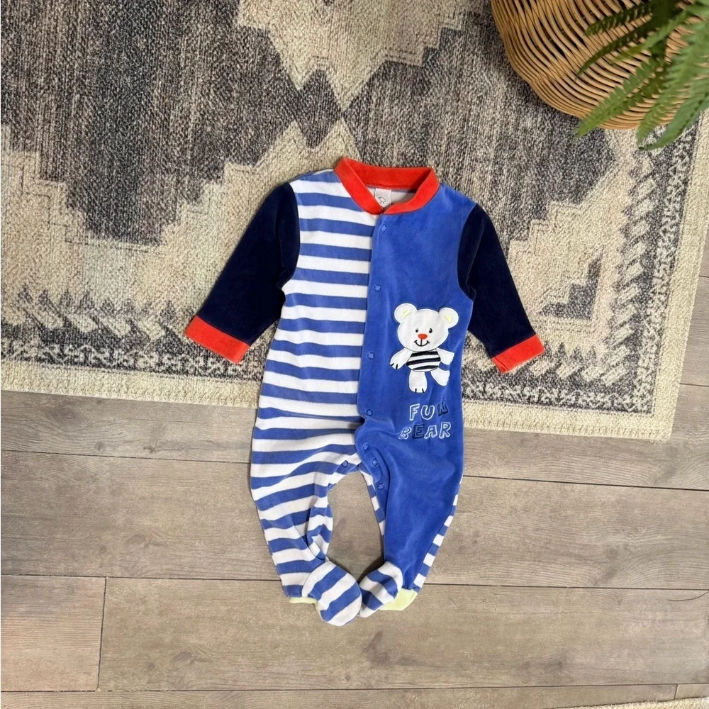 Vintage Baby Boy Color Block Striped Bear Terry Cloth Footies Size 6-9 Months